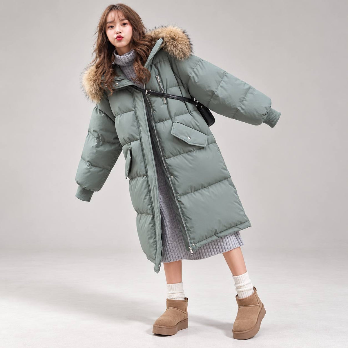 Long Quilted Puffer Coat With Plush Trimmed Hood – Sage Green