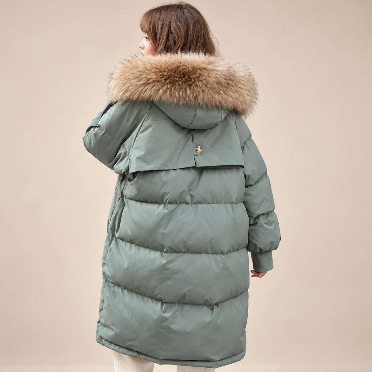 Long Quilted Puffer Coat With Plush Trimmed Hood – Sage Green