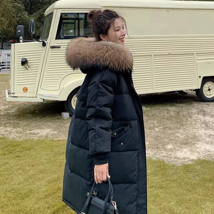 Long Quilted Puffer Coat With Plush Trimmed Hood – Black