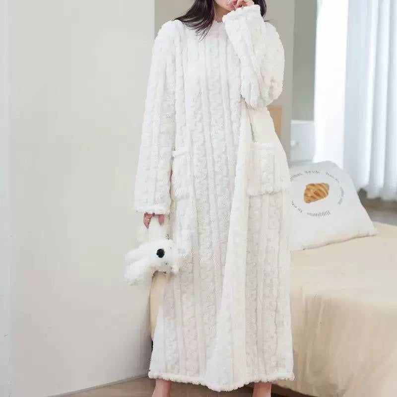Textured Long Sleeve Nightgown With Front Patch Pockets – White