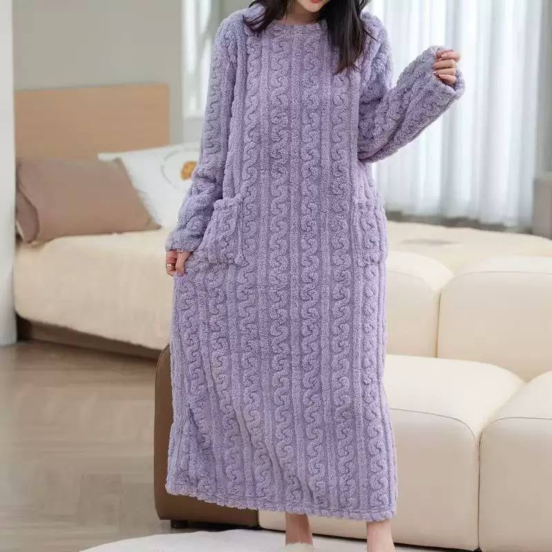 Textured Long Sleeve Nightgown With Front Patch Pockets – Lilac