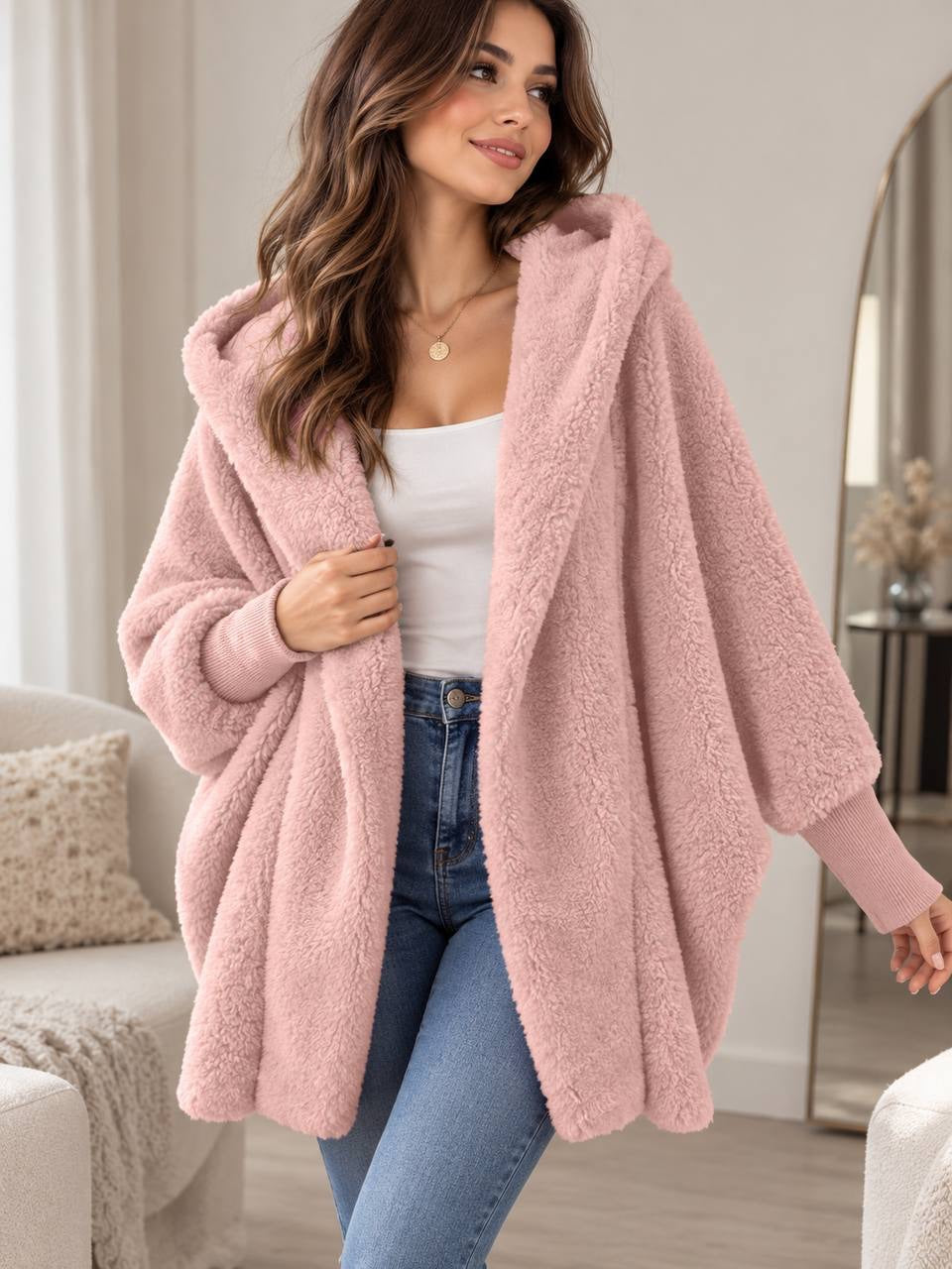 Relaxed Hooded Open-Front Jacket With Long Ribbed Cuffs – Pink
