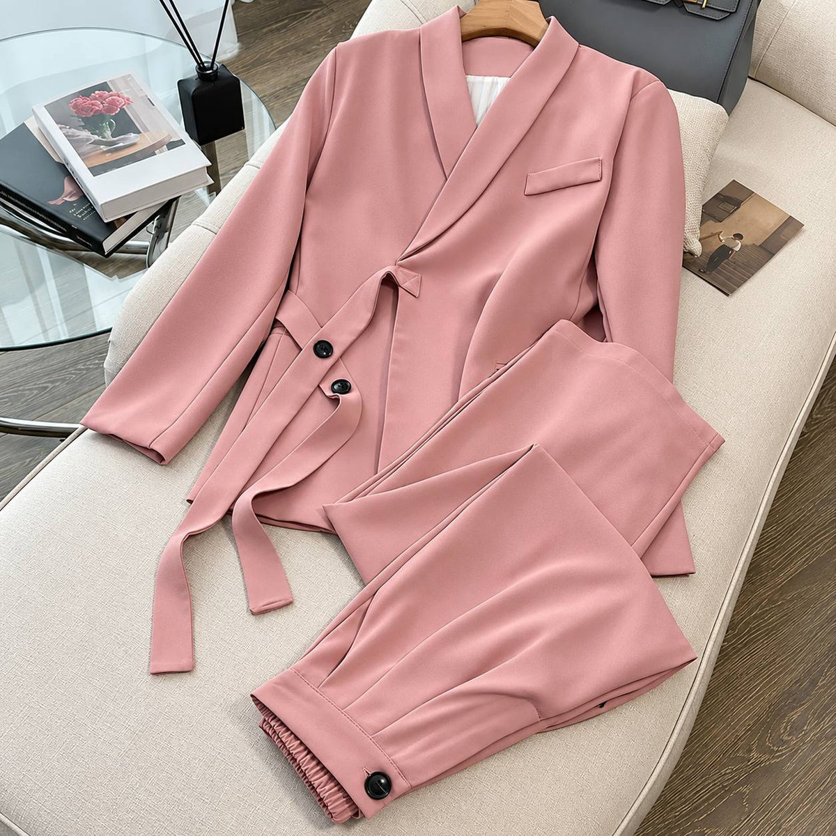 Shawl Collar Tie-Waist Blazer And Matching Pants Set – Pink