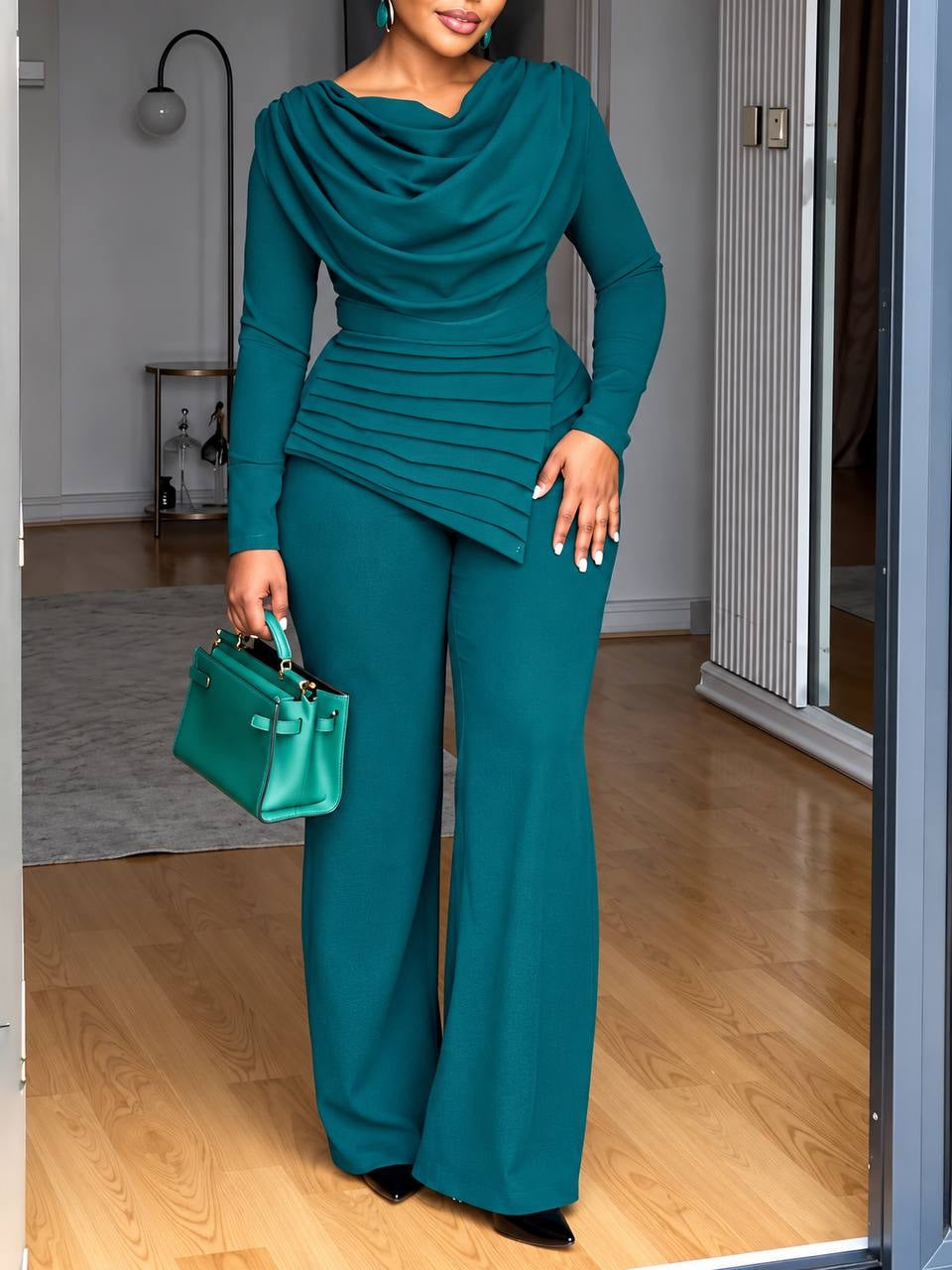 Draped Cowl Neck Top and Wide Leg Pants Set – Teal