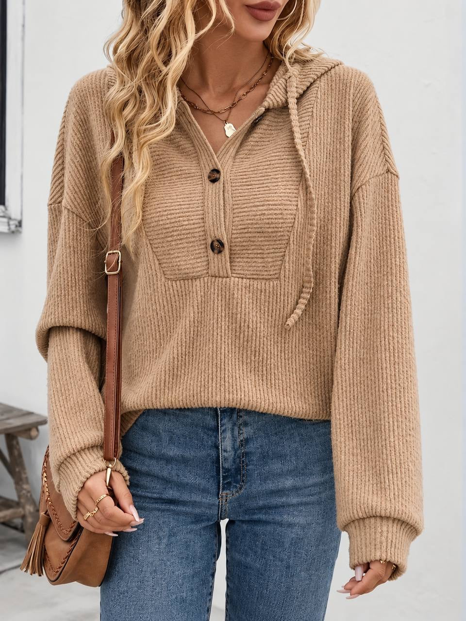 Relaxed Hooded Sweater With Button Placket and Long Sleeves – Camel