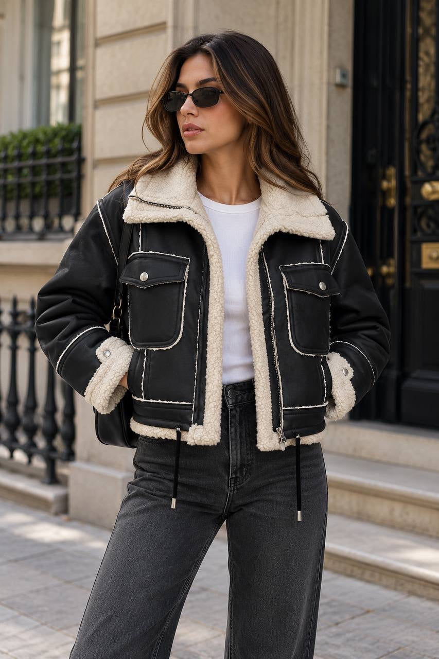 Cropped Zip-Front Jacket With Plush Collar and Pockets – Black