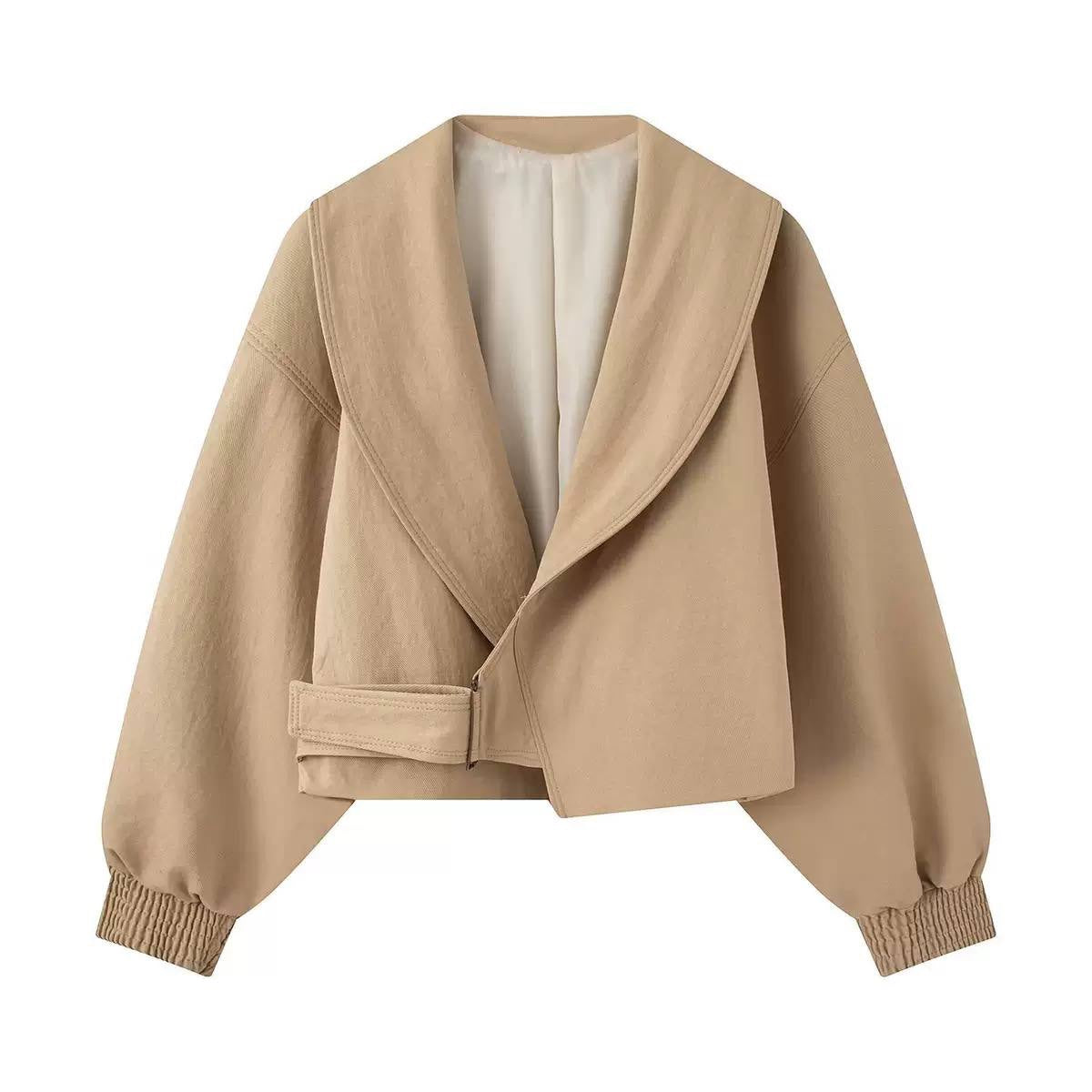 Cropped Shawl Collar Jacket With Buckle Detail – Beige