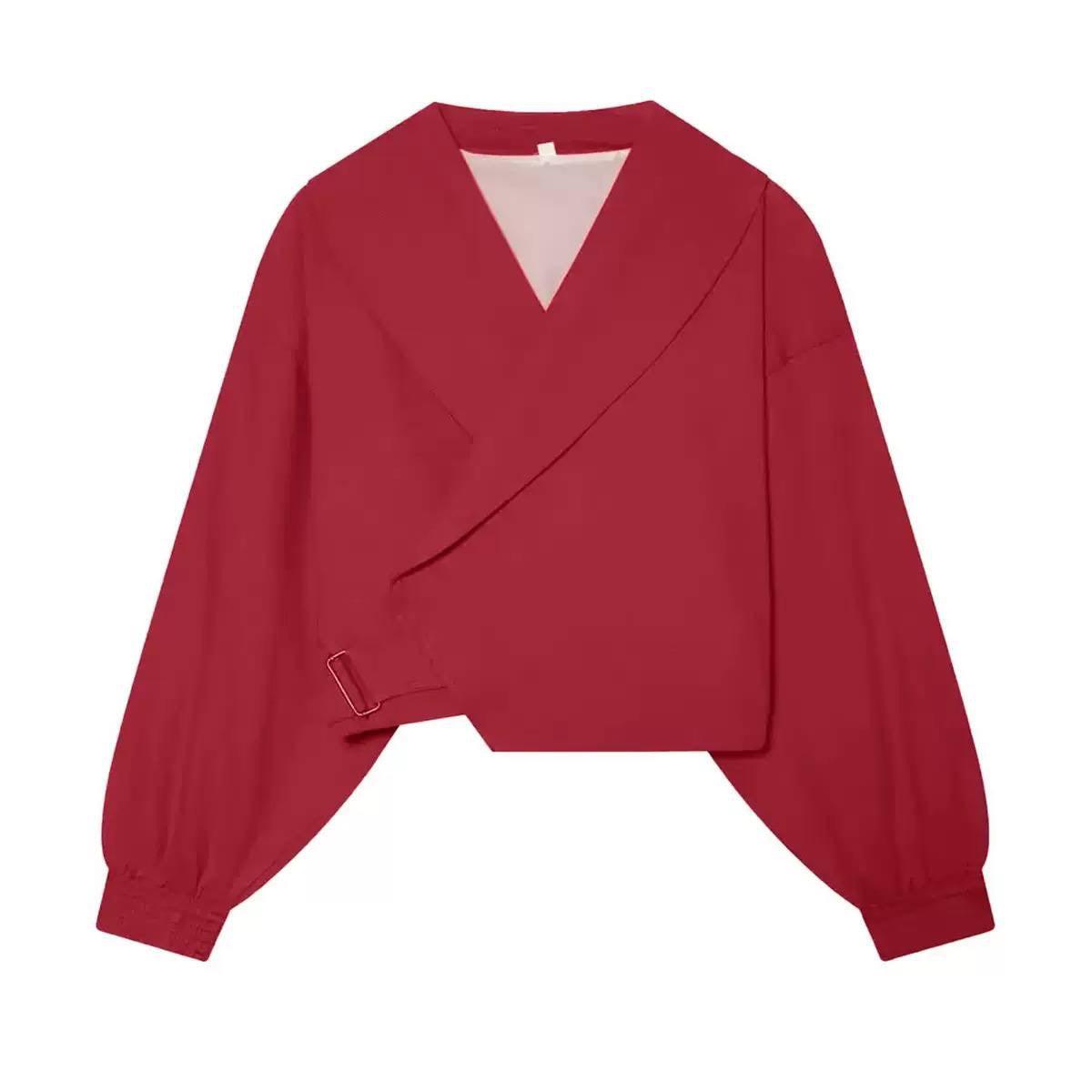 Cropped Shawl Collar Jacket With Buckle Detail – Red