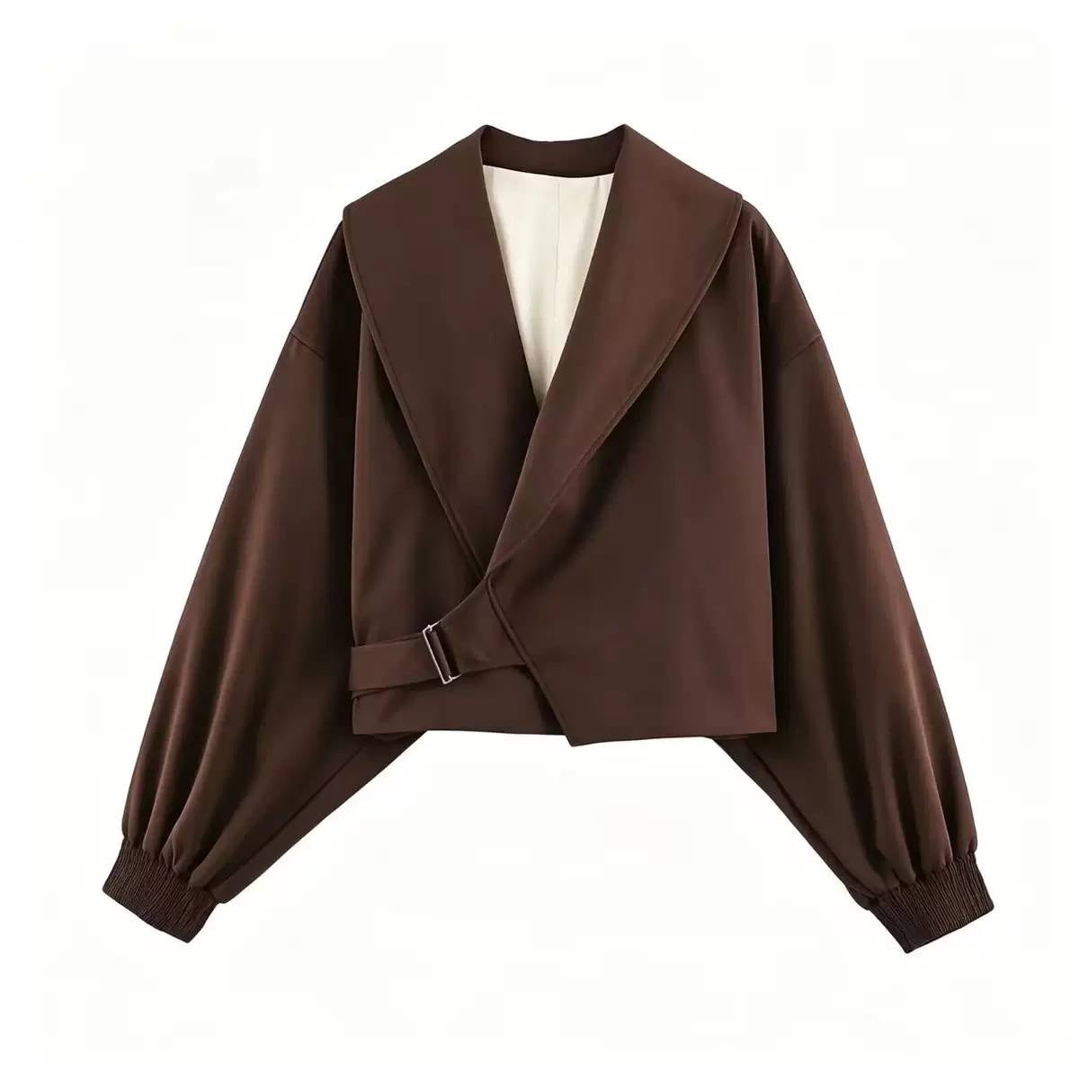 Cropped Shawl Collar Jacket With Buckle Detail – Brown