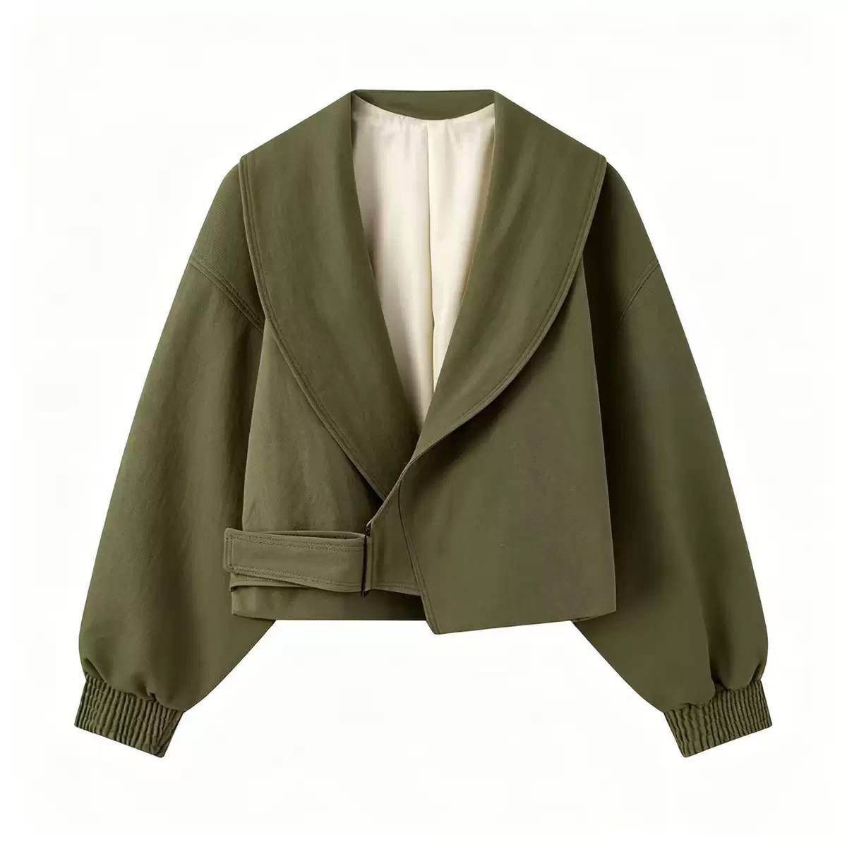 Cropped Shawl Collar Jacket With Buckle Detail – Olive Green