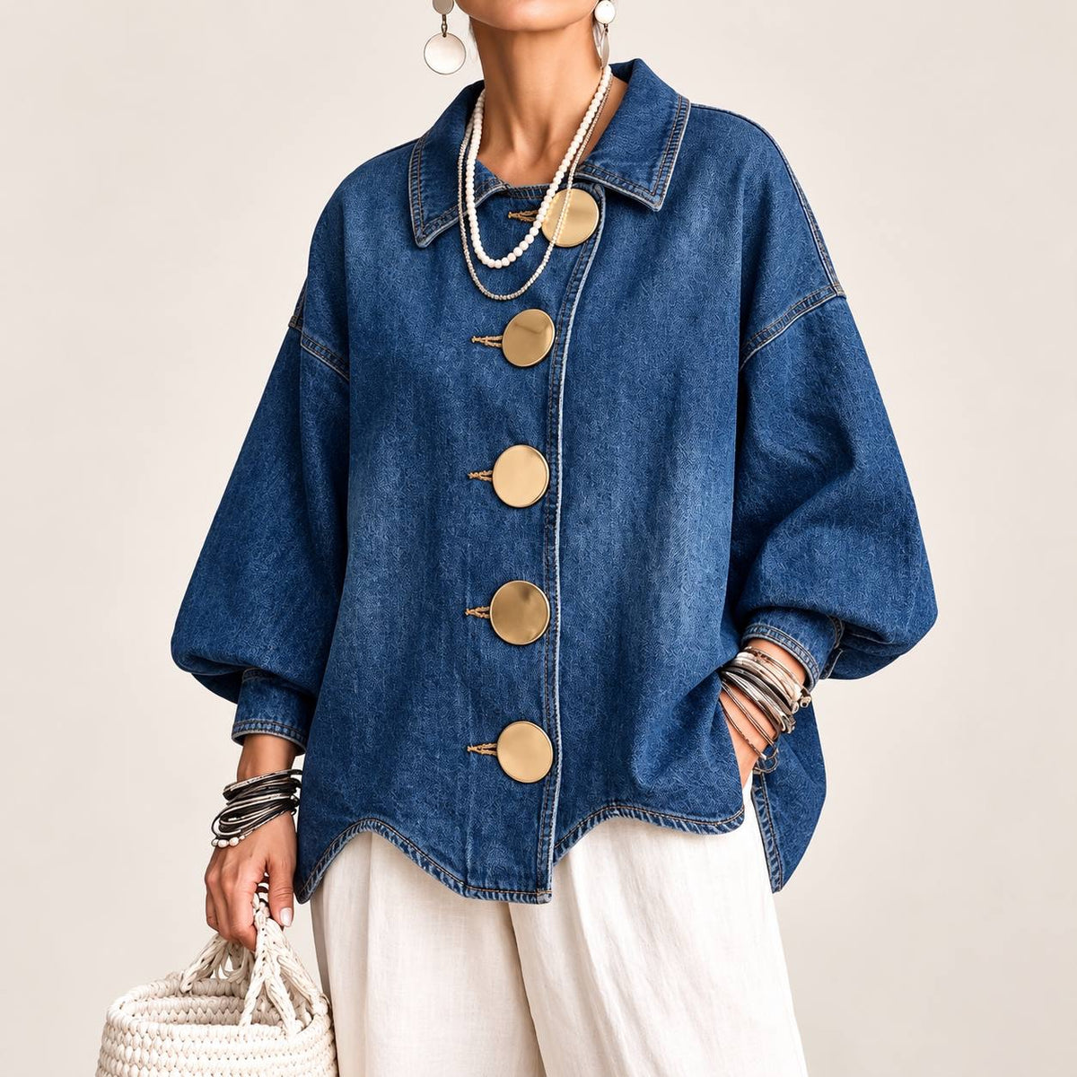 Oversized Button-Front Jacket With Balloon Sleeves – Blue