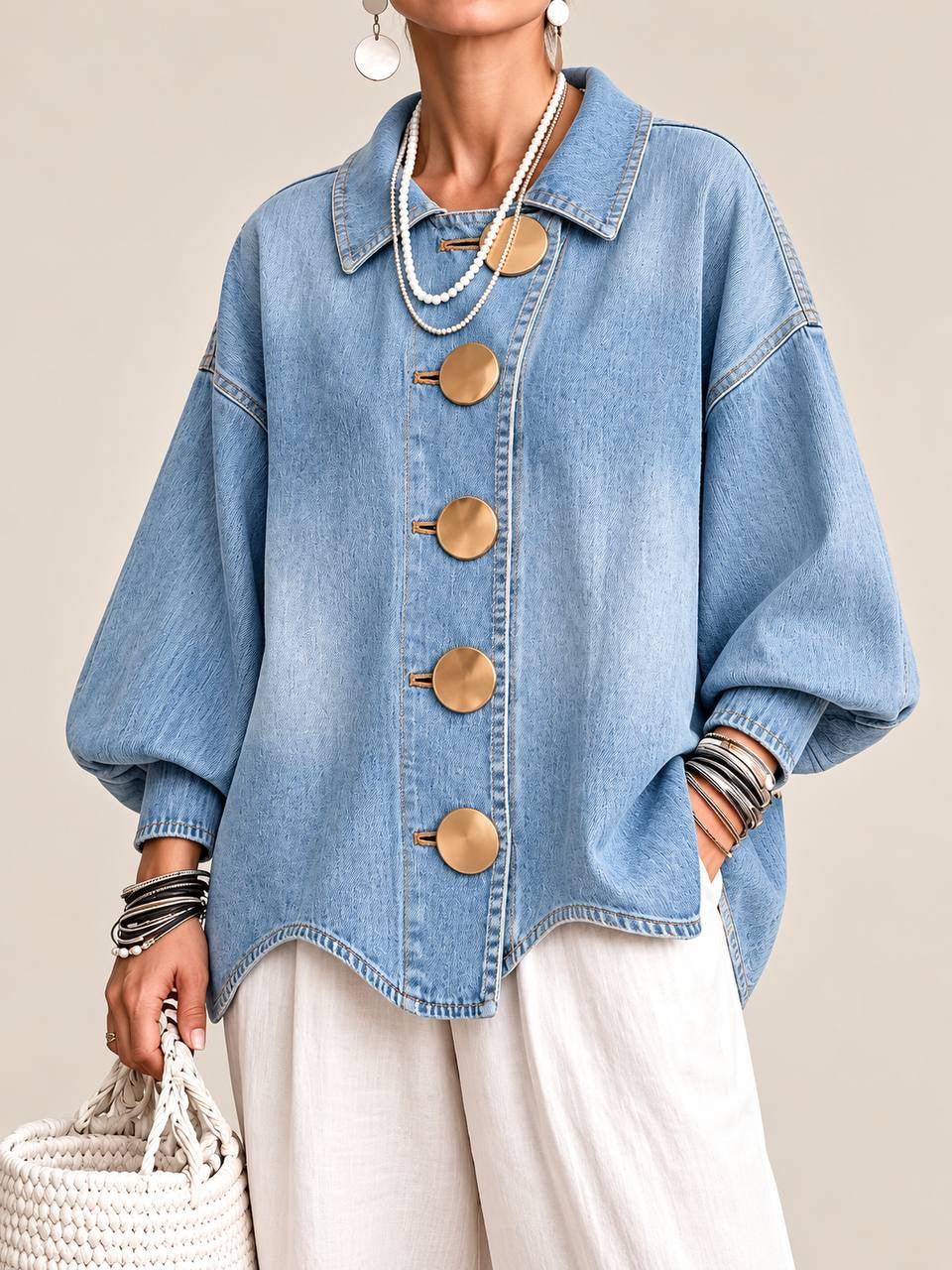 Oversized Button-Front Jacket With Balloon Sleeves – Light Blue