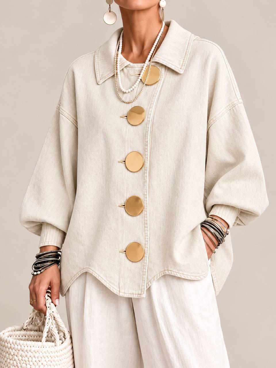 Oversized Button-Front Jacket With Balloon Sleeves – Cream