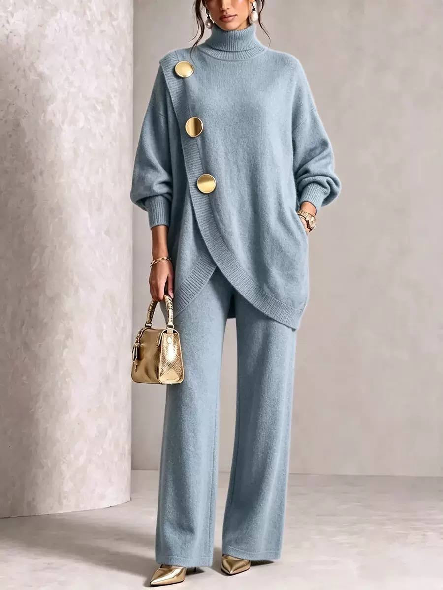Button-Detail Turtleneck Sweater And Wide-Leg Pants Set – Light Blue