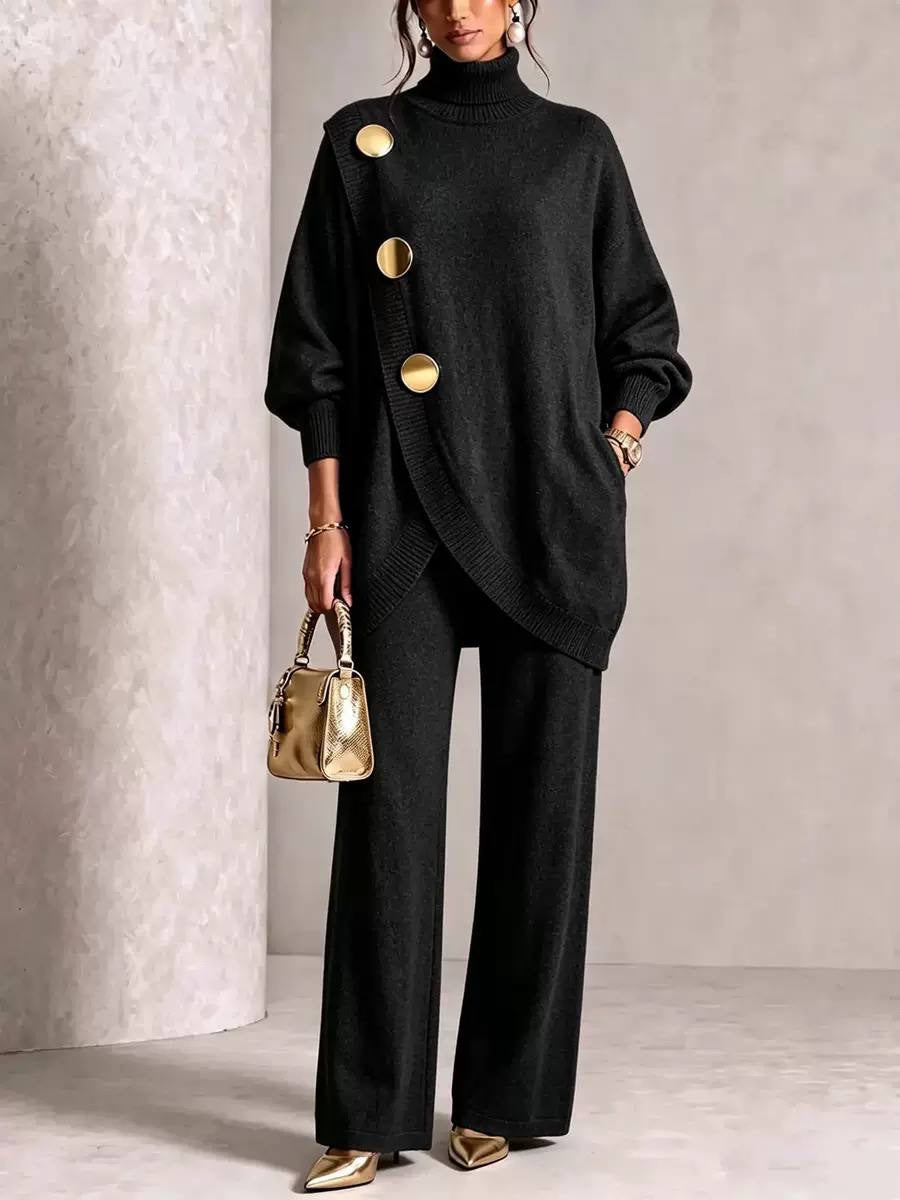 Button-Detail Turtleneck Sweater And Wide-Leg Pants Set – Black