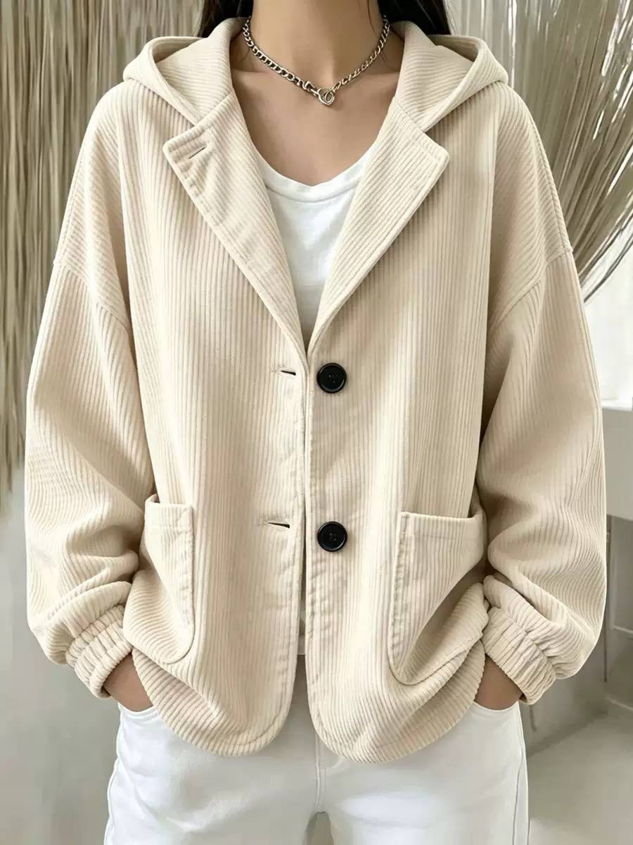 Ribbed Hooded Button-Front Jacket With Patch Pockets – Cream