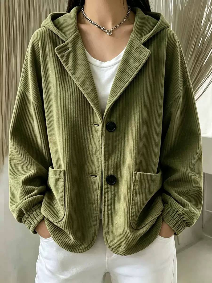 Ribbed Hooded Button-Front Jacket With Patch Pockets – Olive Green