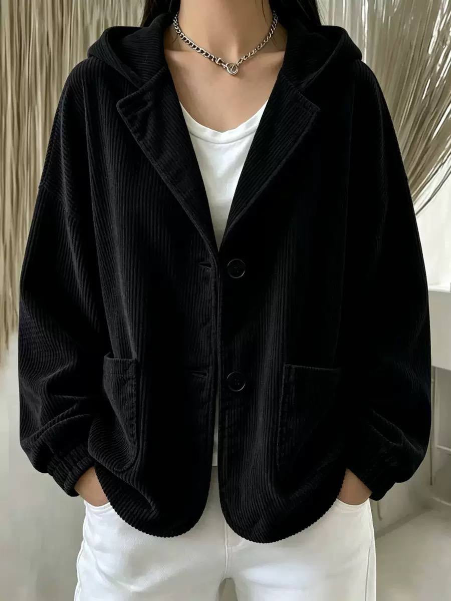 Ribbed Hooded Button-Front Jacket With Patch Pockets – Black