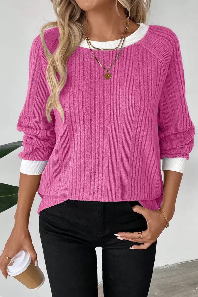 Relaxed Ribbed Crewneck Sweater With Contrast Trim – Bright Pink