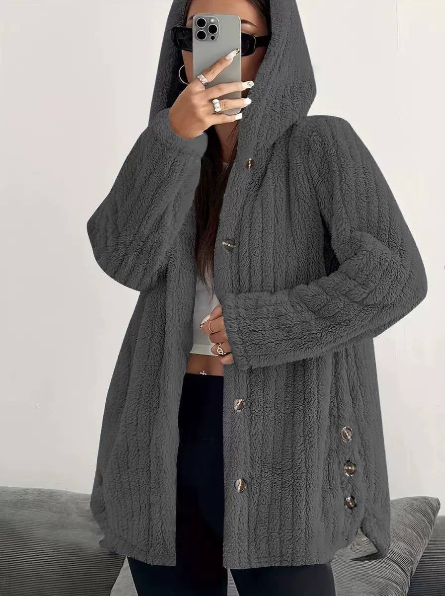 Textured Hooded Coat With Side Button Details – Dark Grey