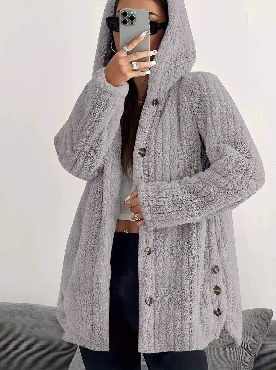 Textured Hooded Coat With Side Button Details – Light Grey