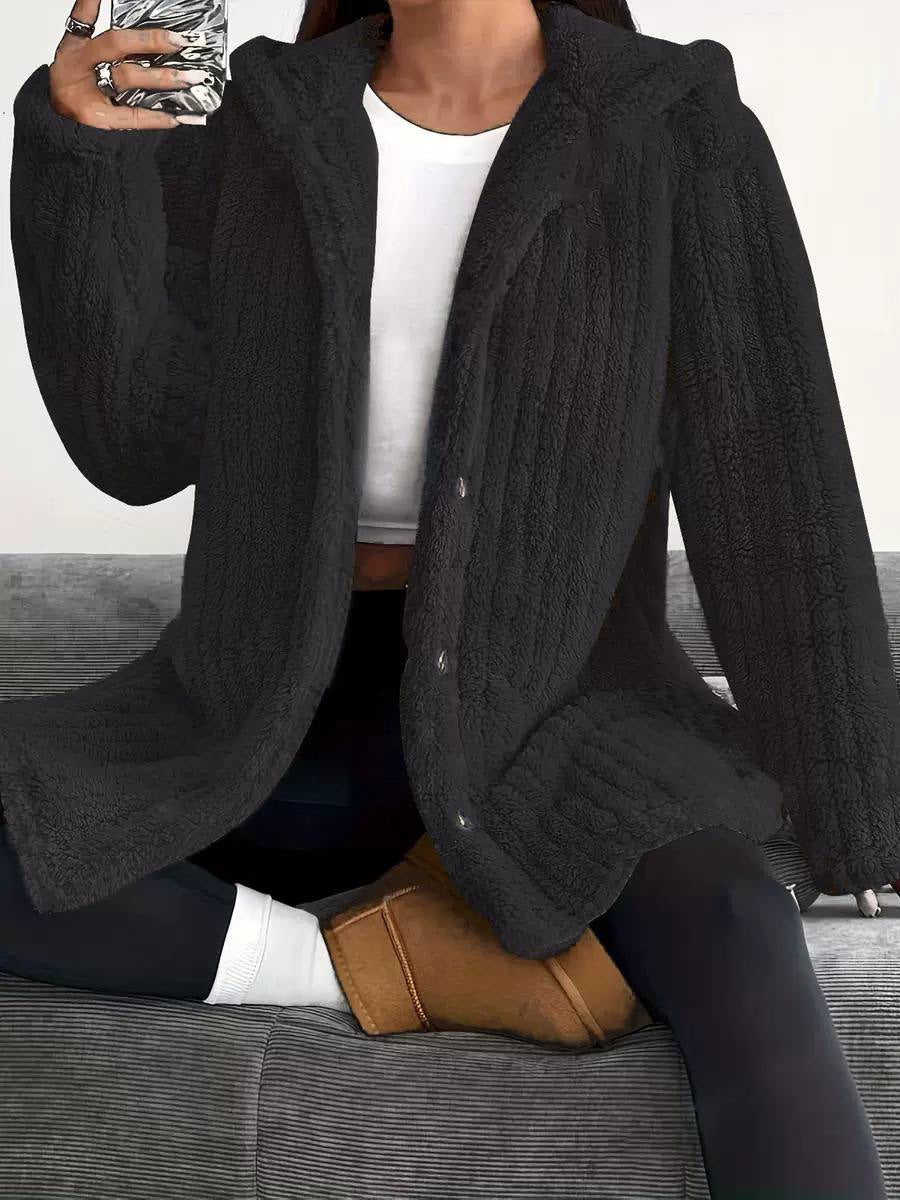 Textured Hooded Coat With Side Button Details – Black