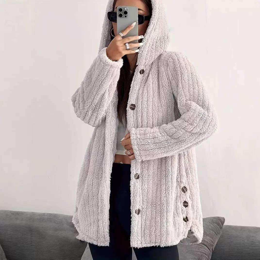 Textured Hooded Coat With Side Button Details – Off White
