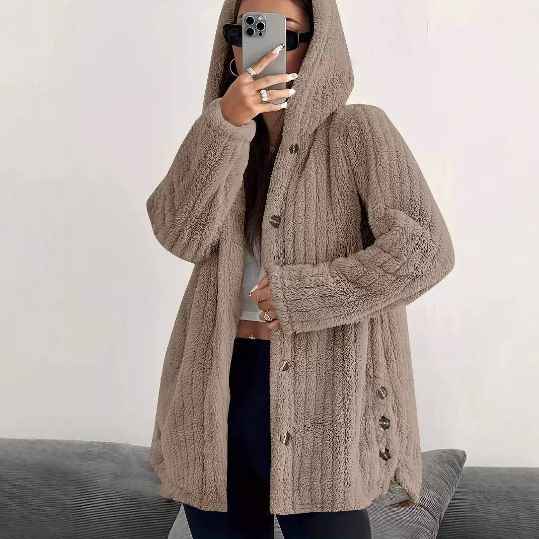 Textured Hooded Coat With Side Button Details – Taupe