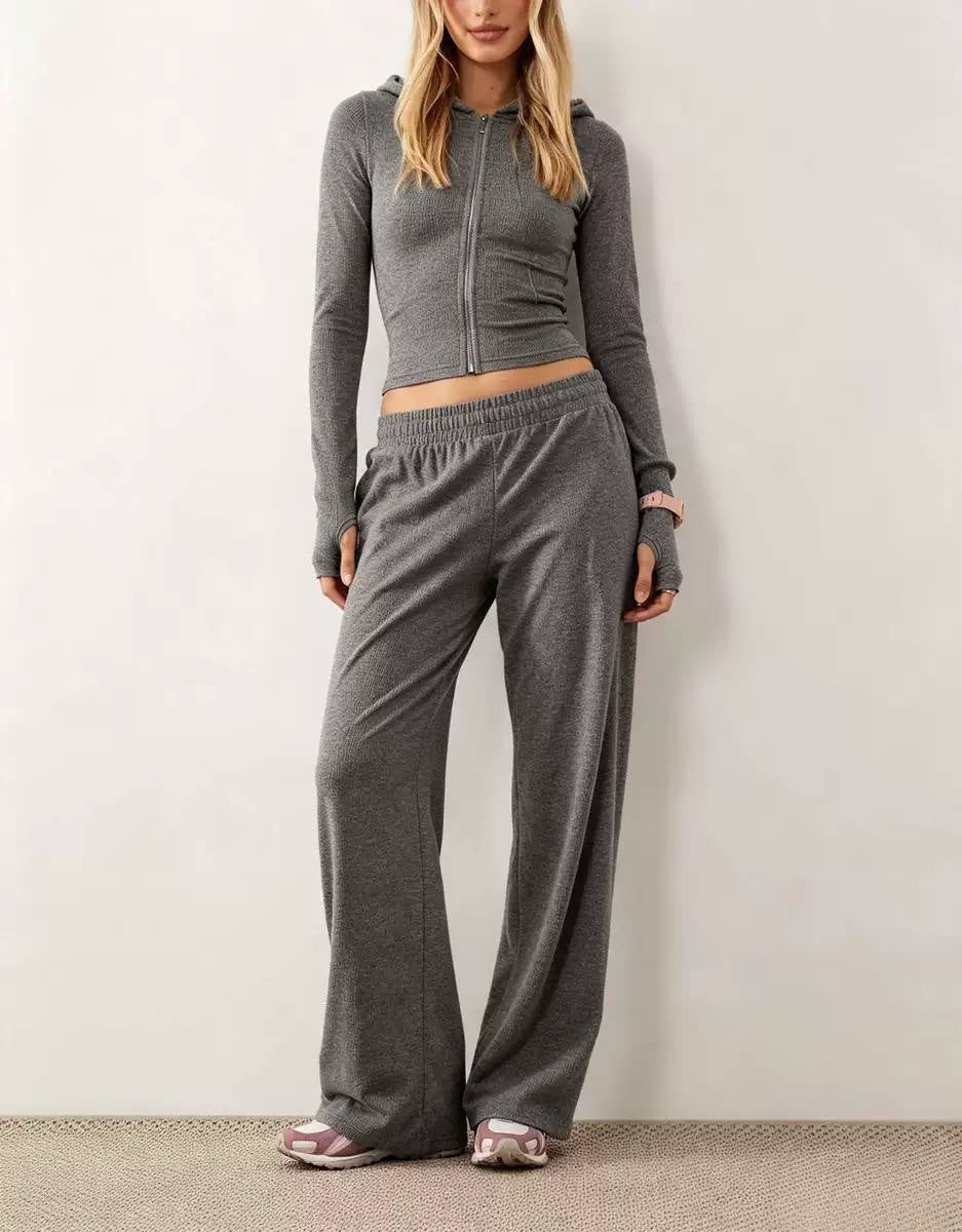 Cropped Zip-Up Hoodie and Wide-Leg Pants Two-Piece Set – Dark Grey