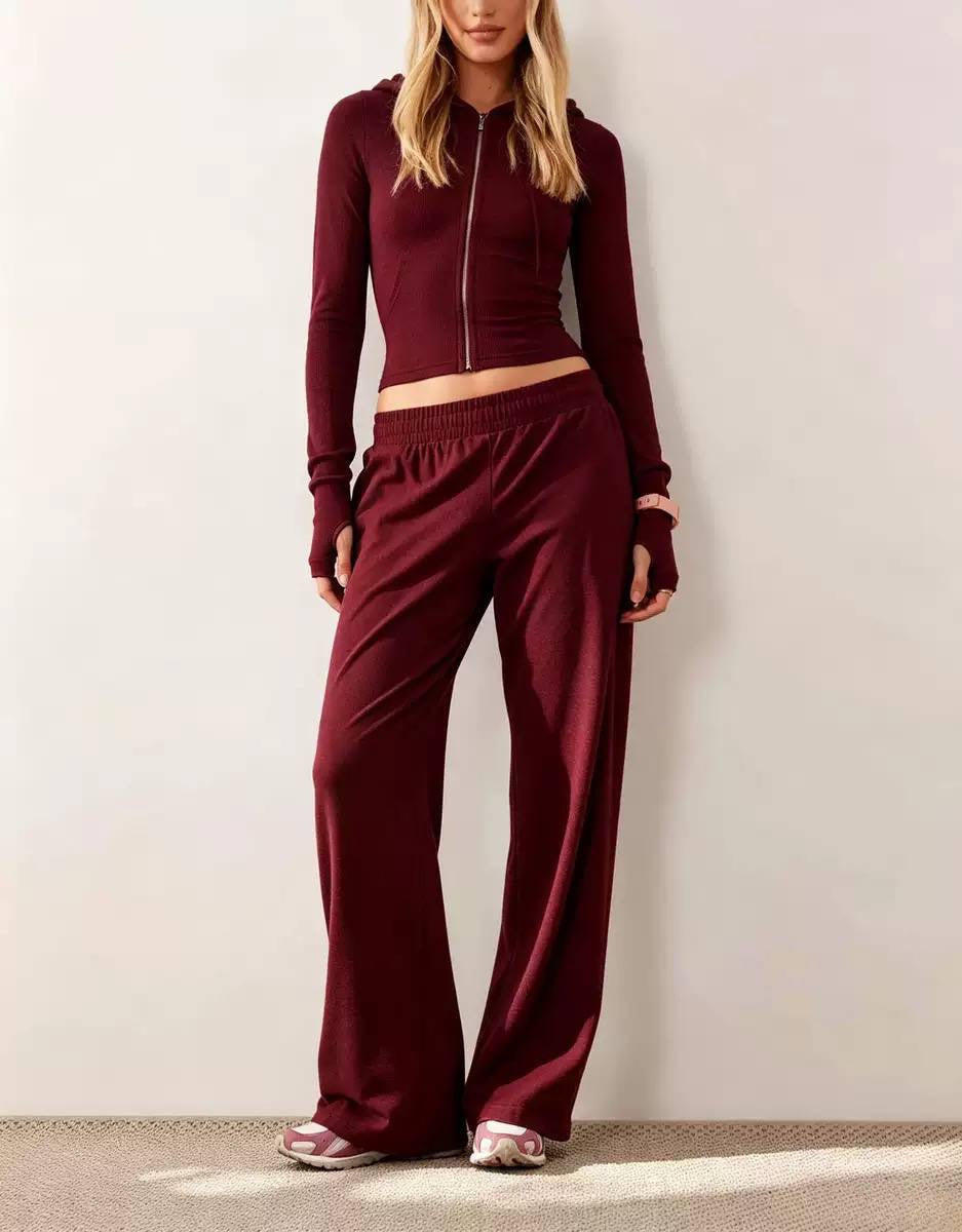 Cropped Zip-Up Hoodie and Wide-Leg Pants Two-Piece Set – Burgundy