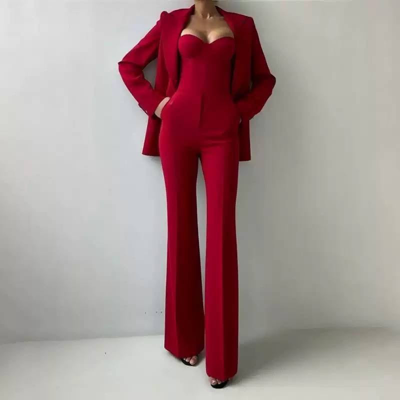 Tailored Blazer, Bustier Top, and Wide-Leg Pants Set – Red