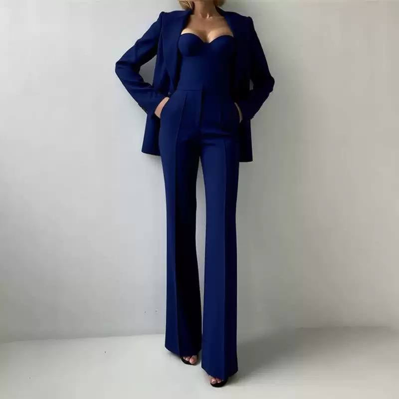 Tailored Blazer, Bustier Top, and Wide-Leg Pants Set – Navy