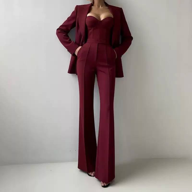 Tailored Blazer, Bustier Top, and Wide-Leg Pants Set – Burgundy
