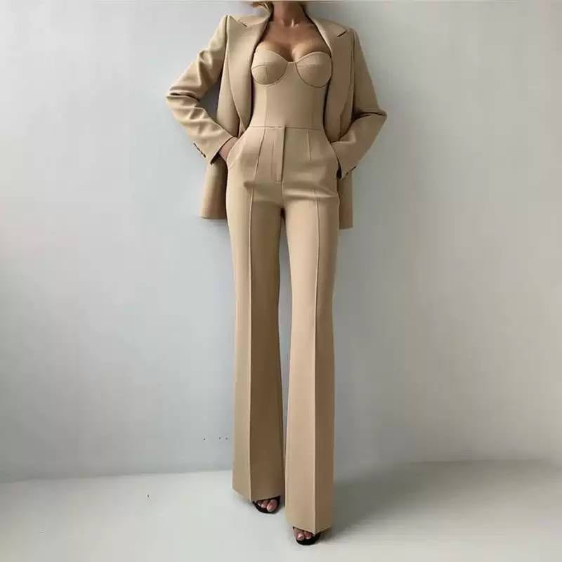 Tailored Blazer, Bustier Top, and Wide-Leg Pants Set – Beige