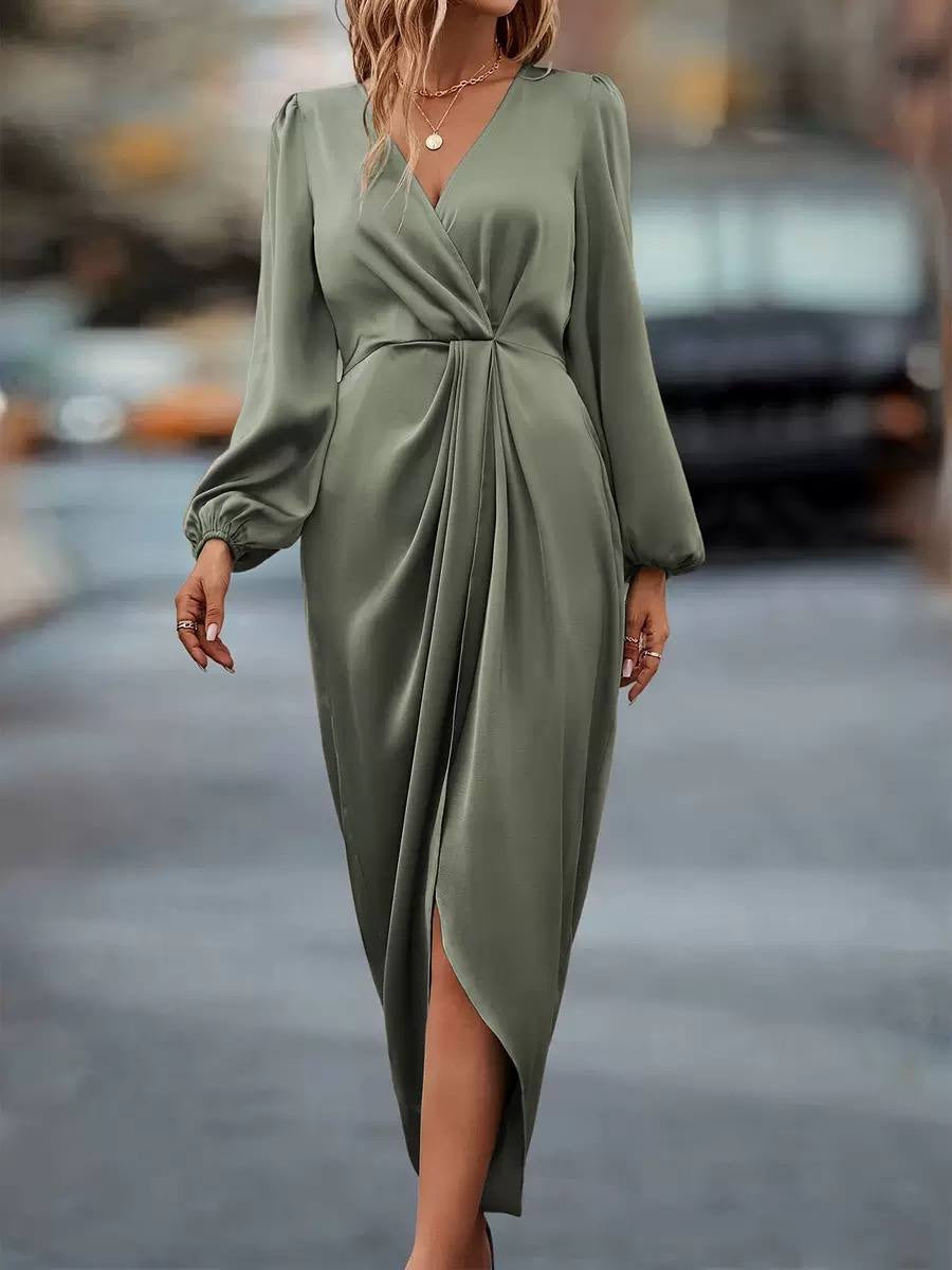 V-Neck Long Sleeve Dress With Draped Wrap-Style Skirt – Sage Green