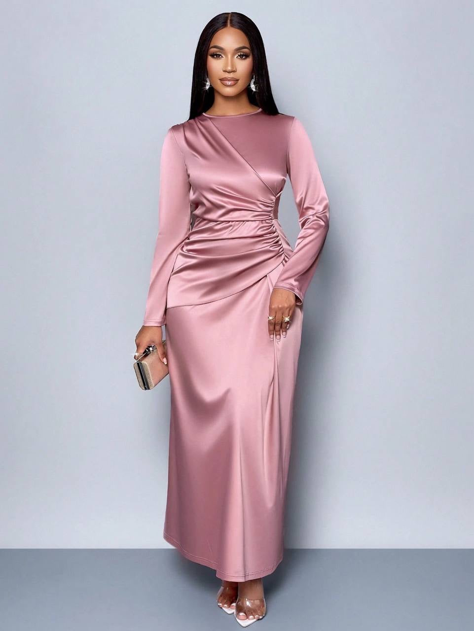 Long Sleeve Ruched Maxi Dress With Draped Front – Pink