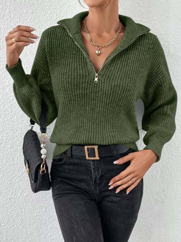 Relaxed Ribbed Half-Zip Sweater With Long Sleeves – Dark Green