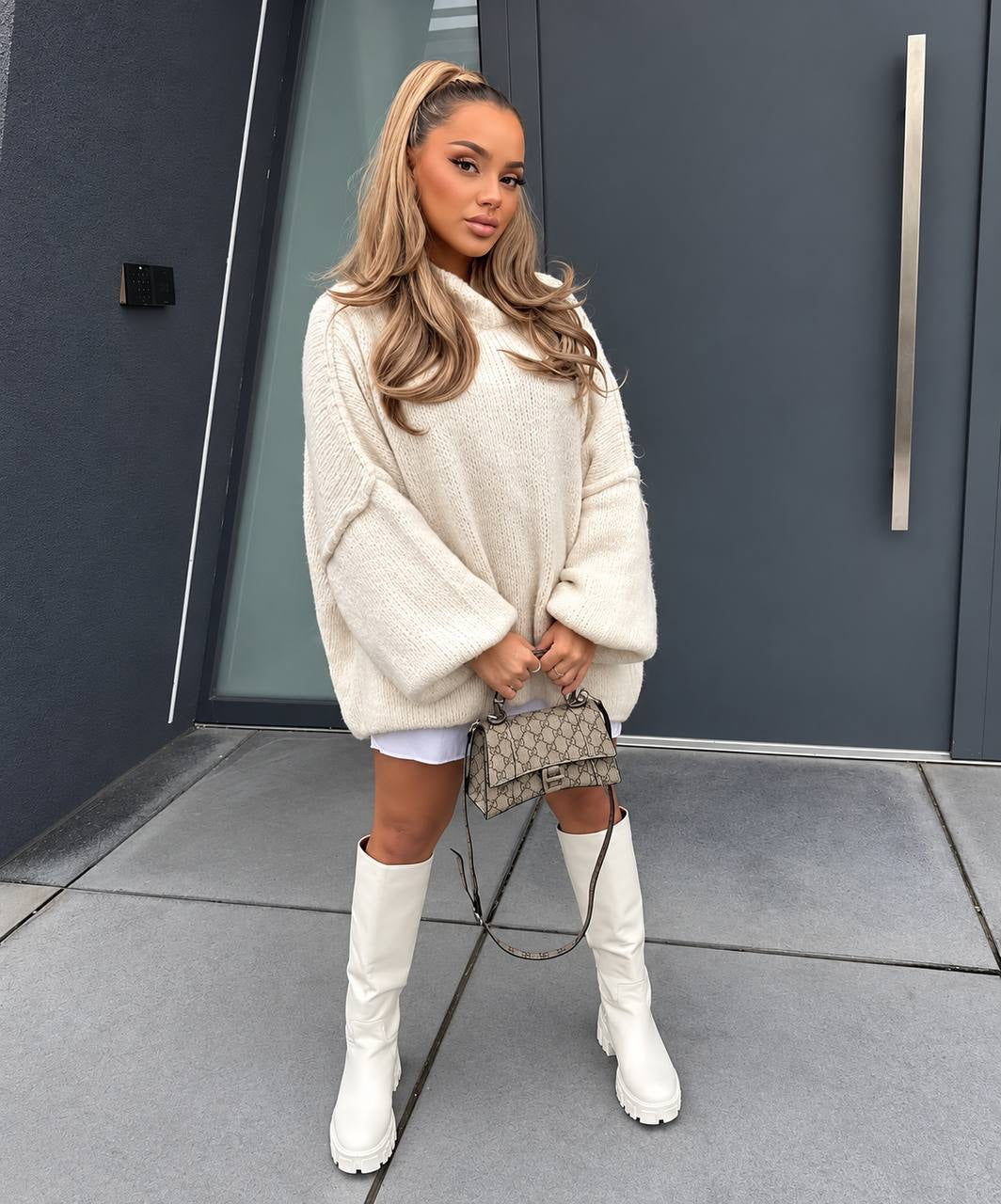 Oversized Mock Neck Sweater With Voluminous Long Sleeves – Cream