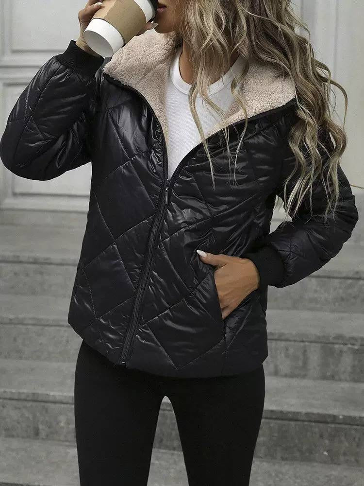 Diamond Quilted Hooded Jacket With Zip Front – Black
