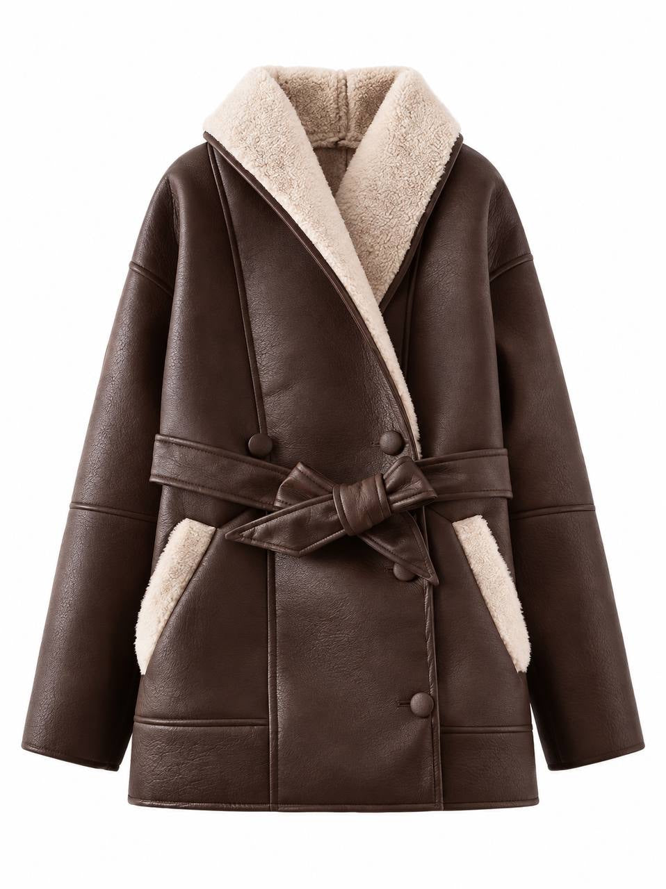 Belted Short Coat With Plush Collar and Pockets – Brown