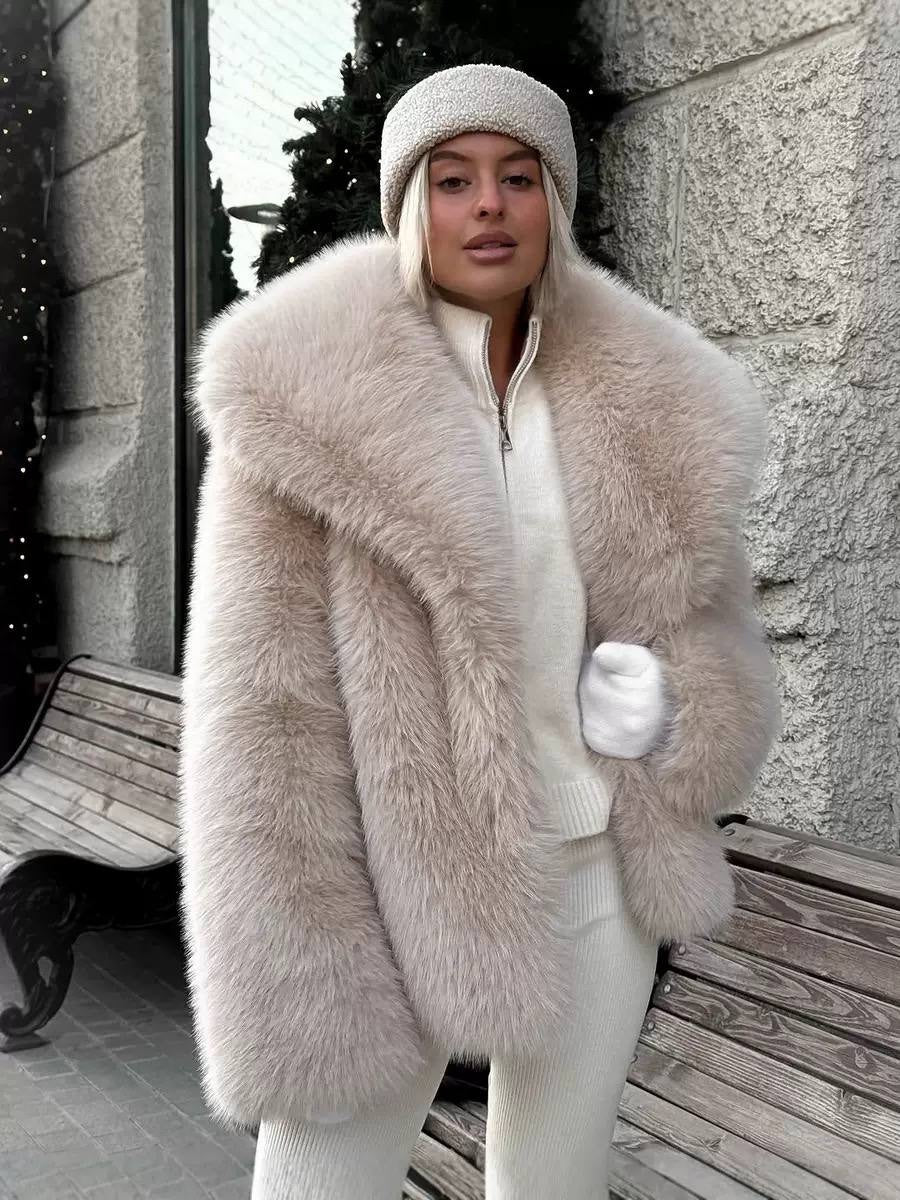 Plush Textured Coat With Oversized Collar and Long Sleeves – Beige