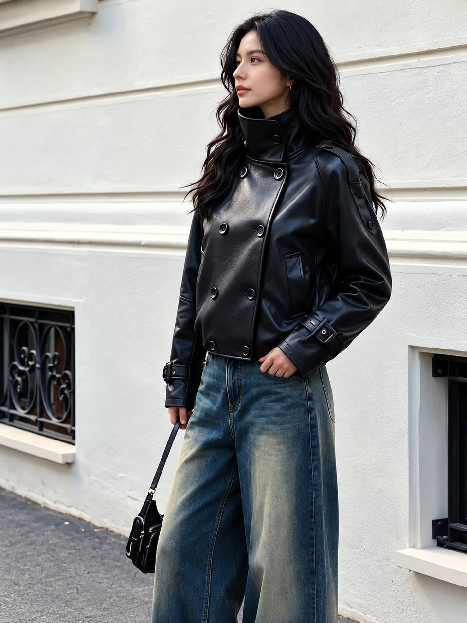Double-Breasted Stand Collar Jacket With Buckled Cuffs – Black