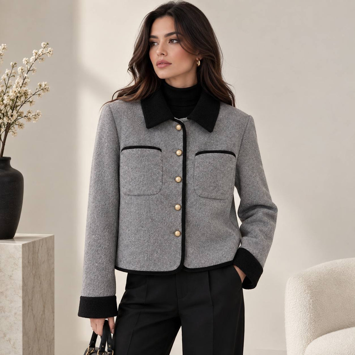 Contrast Collar Button-Front Jacket With Patch Pockets – Grey