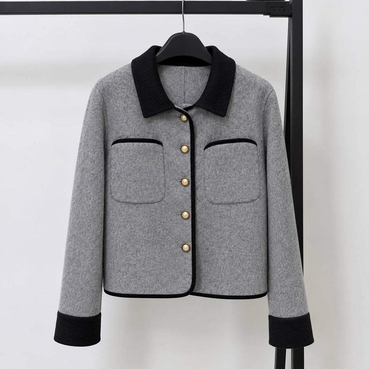 Contrast Collar Button-Front Jacket With Patch Pockets – Grey
