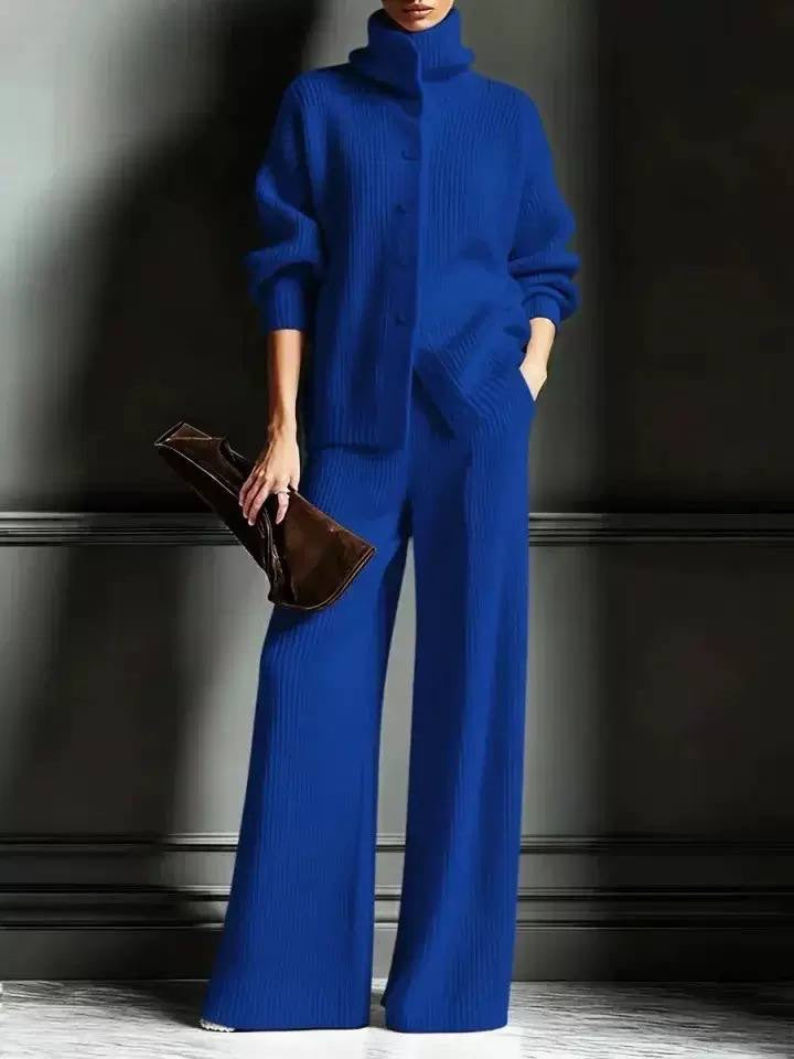 Ribbed High-Neck Button-Front Cardigan And Wide-Leg Pants Set – Royal Blue