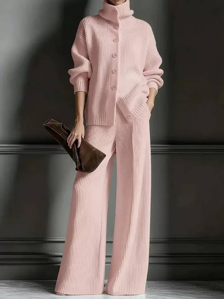 Ribbed High-Neck Button-Front Cardigan And Wide-Leg Pants Set – Pink