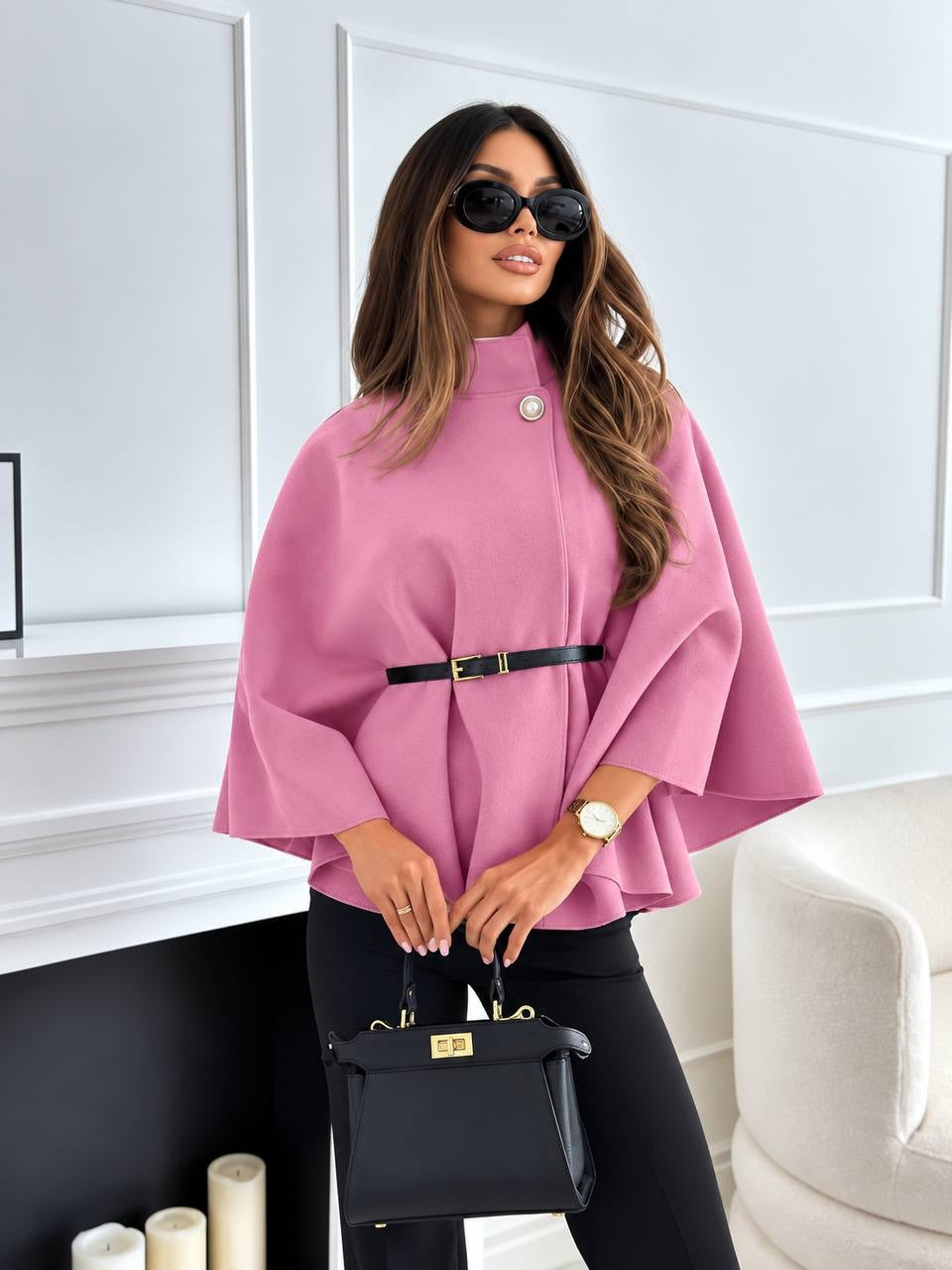 Belted Cape Coat With Stand Collar And Button – Pink