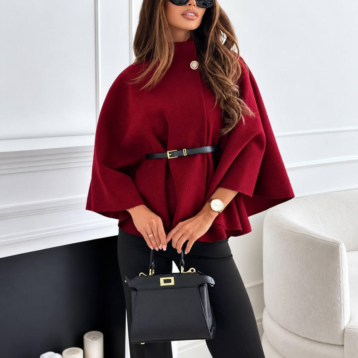Belted Cape Coat With Stand Collar And Button – Burgundy