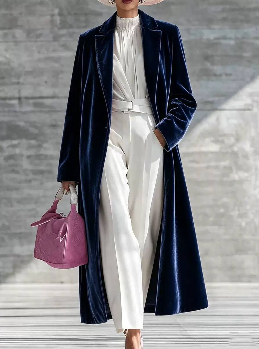 Longline Notched Lapel Coat With Long Sleeves – Navy