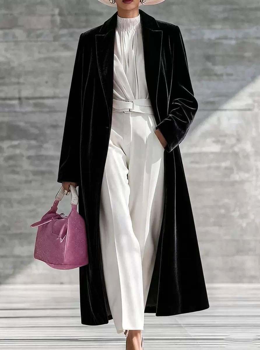 Longline Notched Lapel Coat With Long Sleeves – Black